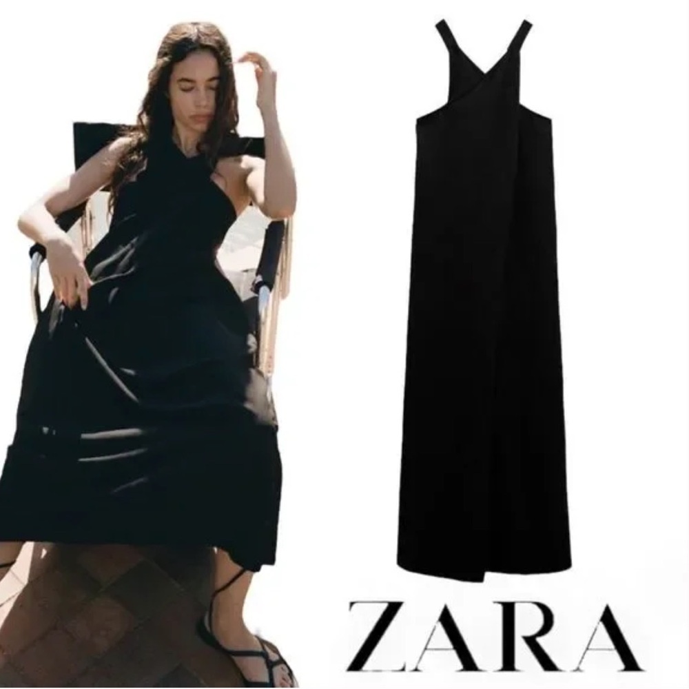 Zara Midi Strap Halter Linen Blend Oversized Dress In Black Size‎ L NWT